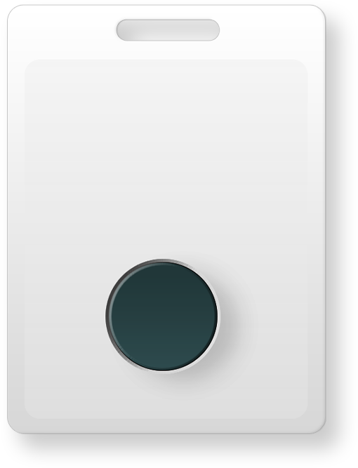 The Nobi Badge: a white badge with a lanyard slot and one round call button.